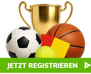 Goldener Pokal mit verschiedenen Sportbällen und dem Text Jetzt registrieren