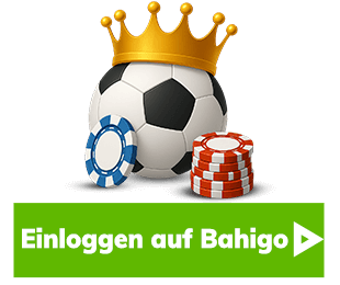 Fußball mit goldener Krone und Casino-Chips über grünem Button mit Einloggen auf Bahigo